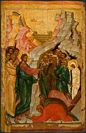 Икона Воскрешение праведного Лазаря 15 век Новгород